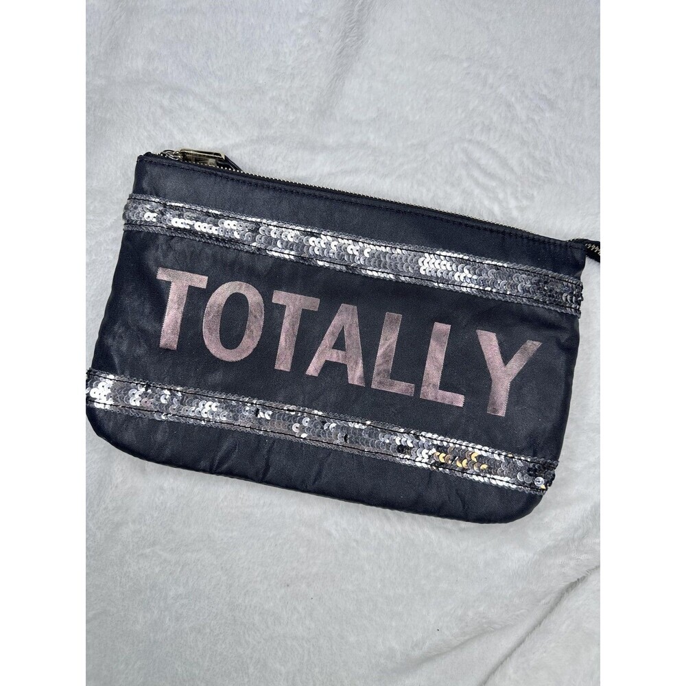 Juicy Couture Clutch Bag Womens Small Black Sequin Totally Quotes Pink Lining